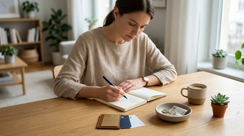 A realistic, minimalist photograph bathed in natural light. A person with a calm demeanor holds a thin metal pen above an open, hardbound journal on a clean, light wood table. Adjacent to the notebook are a simple ceramic white coffee mug and a few neatly organized coins aligned in the corner of the table. The background is softly blurred, highlighting the serene scene of daily financial planning.