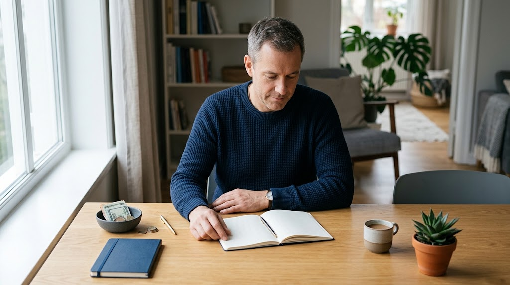 A candid, realistic, and minimalist photograph capturing a serene moment of thoughtful financial planning within a calm home environment. A middle-aged man with short, greying hair, wearing a dark blue, textured knit sweater, is seated at a simple, light-oak wooden desk by a large window. He is thoughtfully looking down at an open, simple notebook on the desk. His hands rest naturally on the notebook's edge. The desk surface is uncluttered. On the left side are neatly stacked essential items: a small, dark grey ceramic bowl containing an organized stack of folded paper currency and a few coins, a simple gold pen, and a closed dark blue notebook. On the right, a small ceramic mug and a small, potted succulent provide warmth and natural elements. The background is a softly blurred living space showing a bookshelf, a comfortable armchair, and natural light from a window with plants, creating a peaceful atmosphere. Natural daylight illuminates the scene from the left. The composition is clean, centered around the man and the deliberate elements of planning.