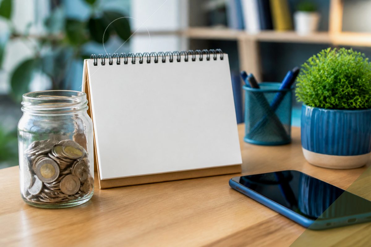 Image of a person sitting at a desk, holding a pen and preparing to write on a sheet of paper titled “BUILDING A RESPONSIBLE SPENDING PLAN.” The desk also contains a black wallet with U.S. dollar bills peeking out, and a black calculator on the right side. The composition suggests financial organization, budgeting, and responsible spending habits.