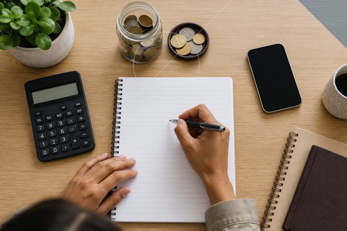Image of a hand holding a small wooden house model with cutouts representing a door and window. On the table, there is a blank spiral notebook, a black pen, and several visible 100-dollar bills, suggesting financial planning for purchasing a home.