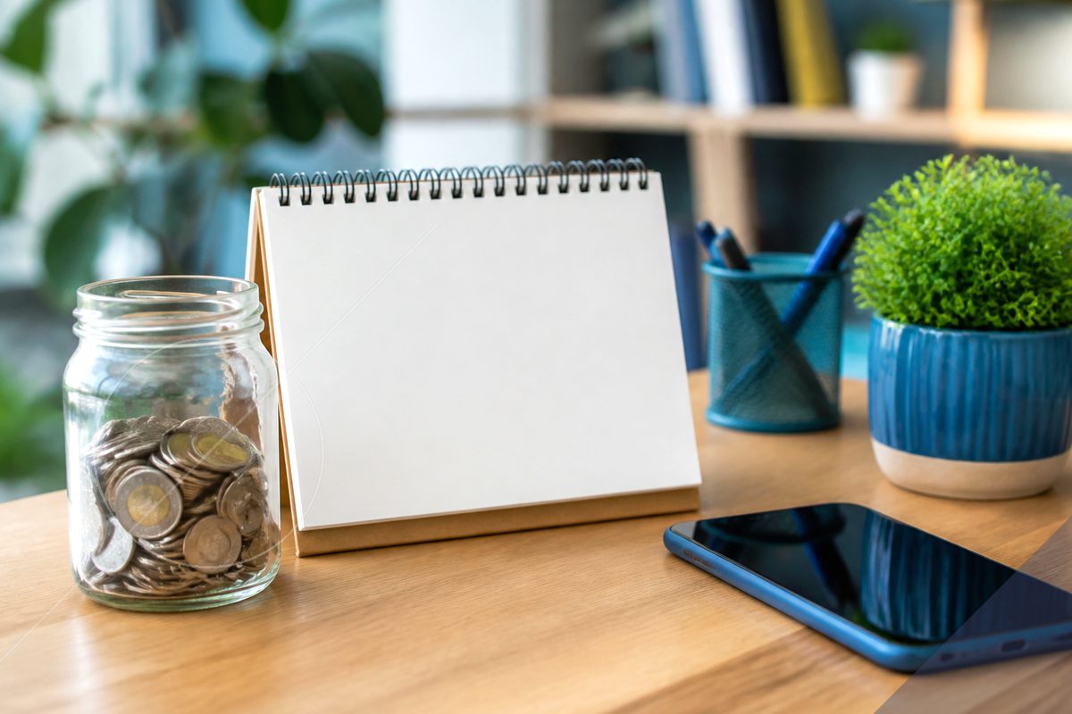 Woman sitting at a table and organizing her emergency fund, holding a glass jar labeled ‘Emergency Fund’ filled with U.S. dollar bills while reading a document with a concerned expression; coins, papers, and a leather wallet rest on the table in front of her.