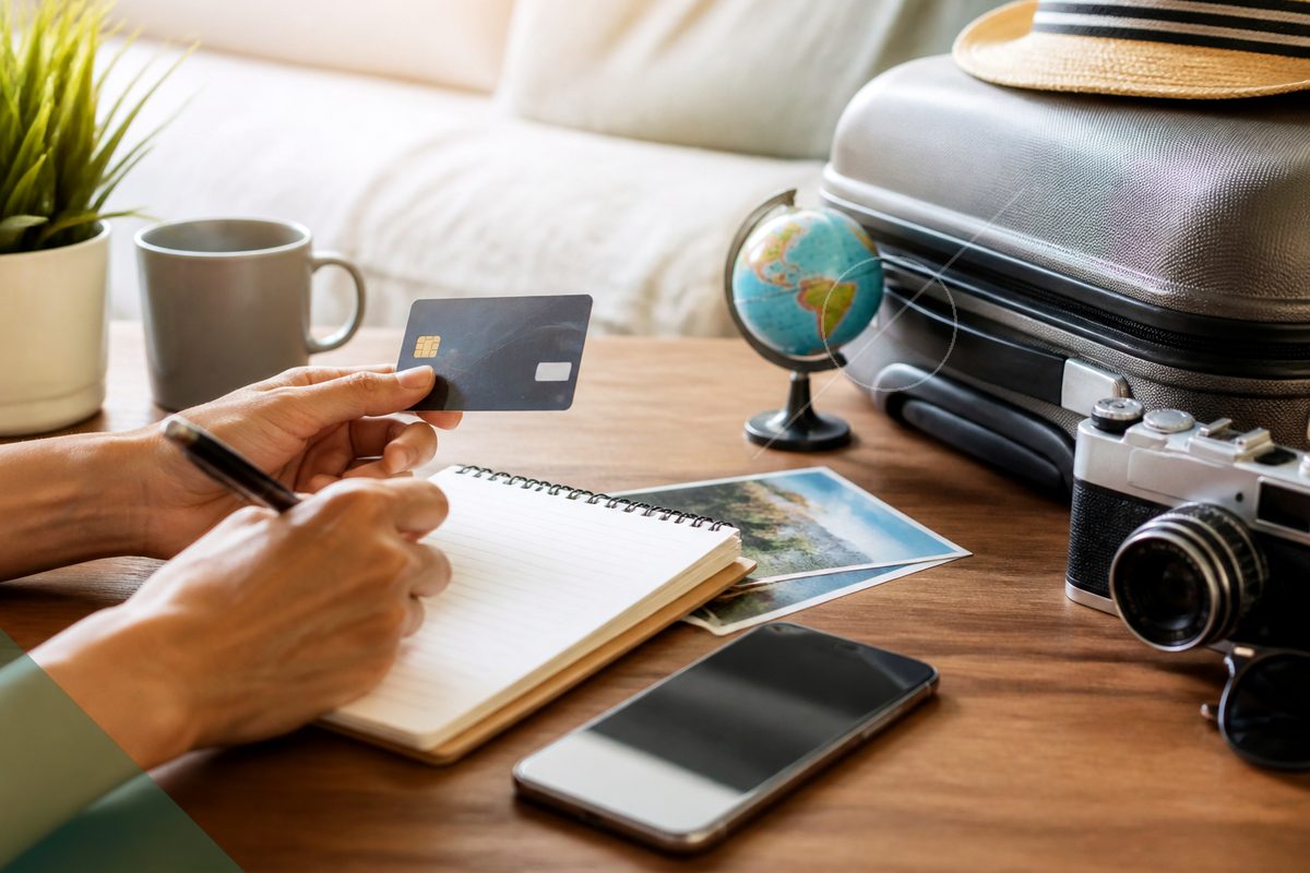 Flat illustration about credit card rewards. A woman with medium skin tone and dark hair, wearing an orange top and blue pants, sits on a stack of gold coins while working on a laptop. Behind her is an oversized blue credit card with a chip and card details, three gold stars floating above it, and a large gift box with an orange ribbon on the right. Green leaves and a bold checkmark icon surround the scene. At the top, dark blue text reads “Credit Card Rewards: How to Make the Most of Them” on a light beige background.