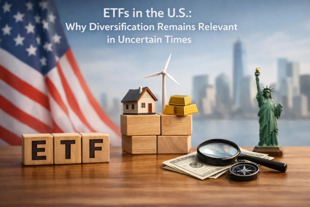 A conceptual image about investments showing ETFs in the U.S. and the importance of diversification in uncertain times. In the foreground, wooden blocks spell "ETF" next to stacked cubes topped with a small house, a wind turbine, and gold bars, symbolizing diversified assets. A magnifying glass, compass, and U.S. dollar bills suggest financial analysis and decision-making. In the background, the American flag and a city skyline with the Statue of Liberty reinforce the U.S. context. The scene conveys the role of ETFs in modern investments strategies and diversification.