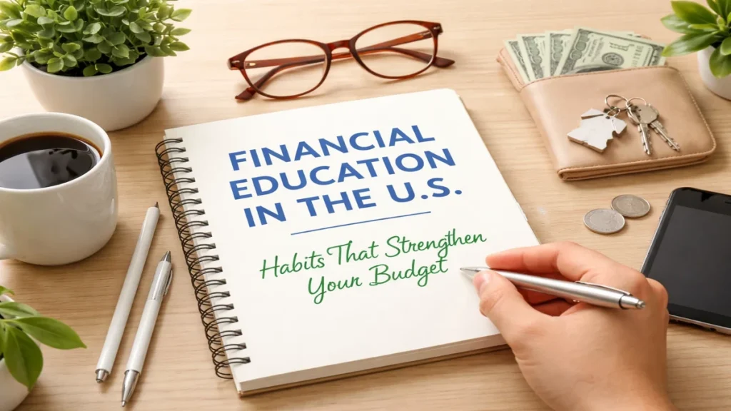 A clean and organized workspace featuring a notebook with the title 'Financial Education in the U.S.: Habits That Strengthen Your Budget,' surrounded by everyday items such as a cup of coffee, eyeglasses, pens, a smartphone, a wallet with cash, keys, coins, and small plants. A hand holding a pen suggests active planning and reflection, emphasizing practical habits for managing personal finances and building a stronger budget in a calm, productive environment.