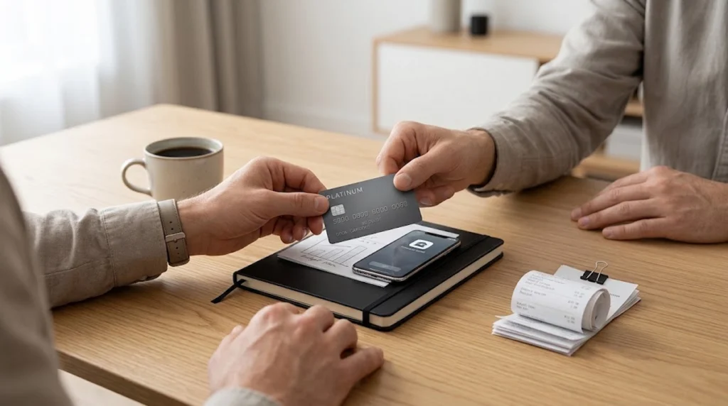 A close-up shot of two people seated at a light wooden table completing a transaction or agreement. One person hands a gray platinum credit card to the other.