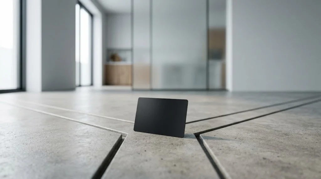 A matte black card stands upright on a light gray concrete floor at the focal point where three linear floor seams converge.
