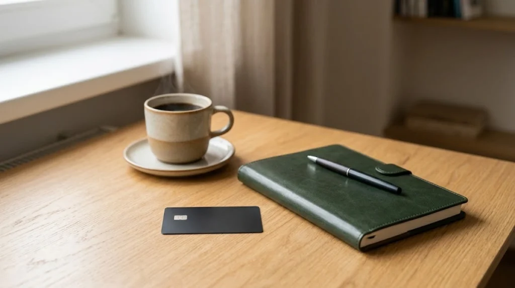 A matte black credit card with a visible EMV chip rests on a light wooden table next to a closed dark green leather notebook with a black pen placed on top.
