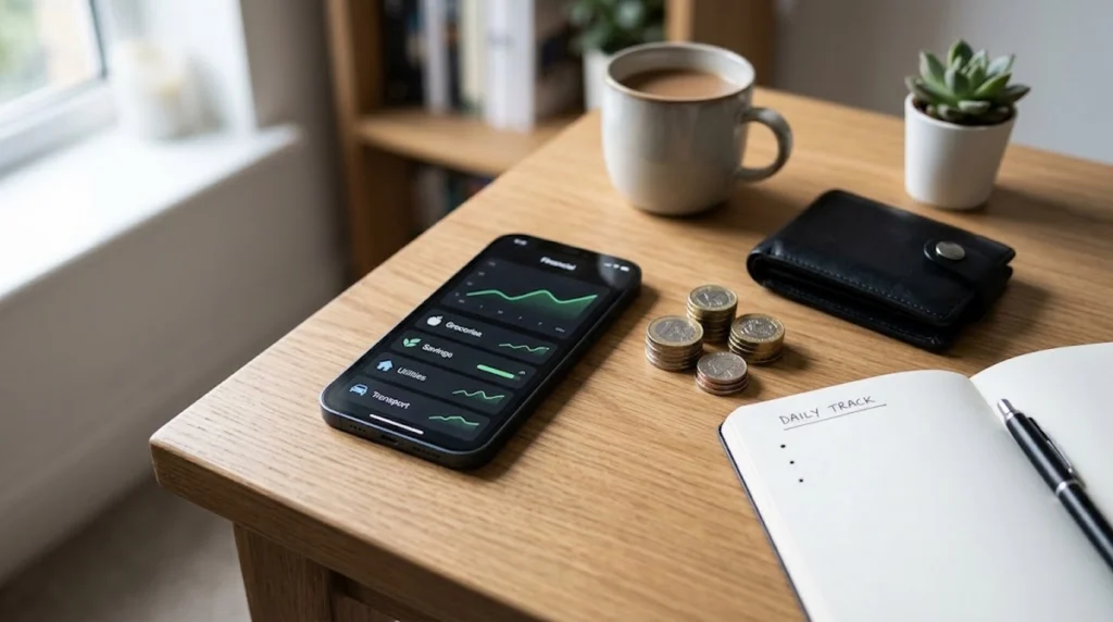 Smartphone showing a finance app on a desk with coins, wallet, coffee mug, and notebook.