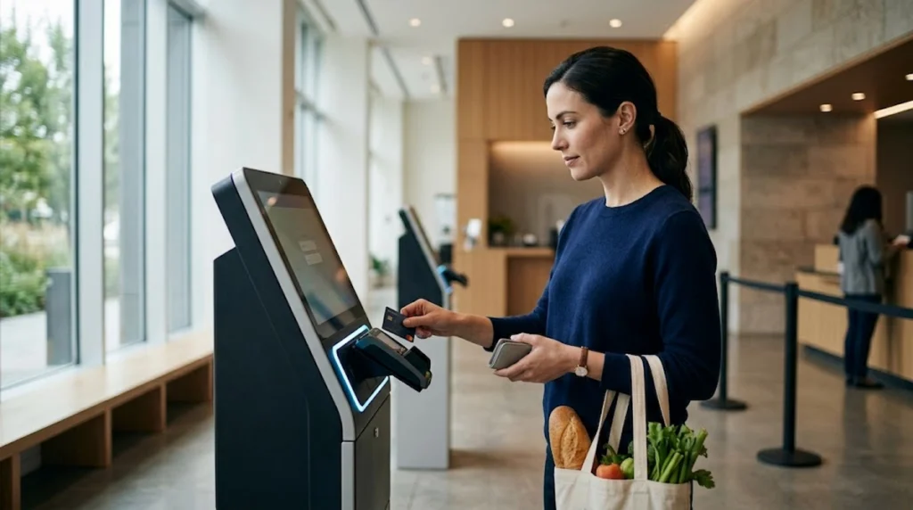 Woman using a credit card at a self-service kiosk while holding a bag of groceries.
