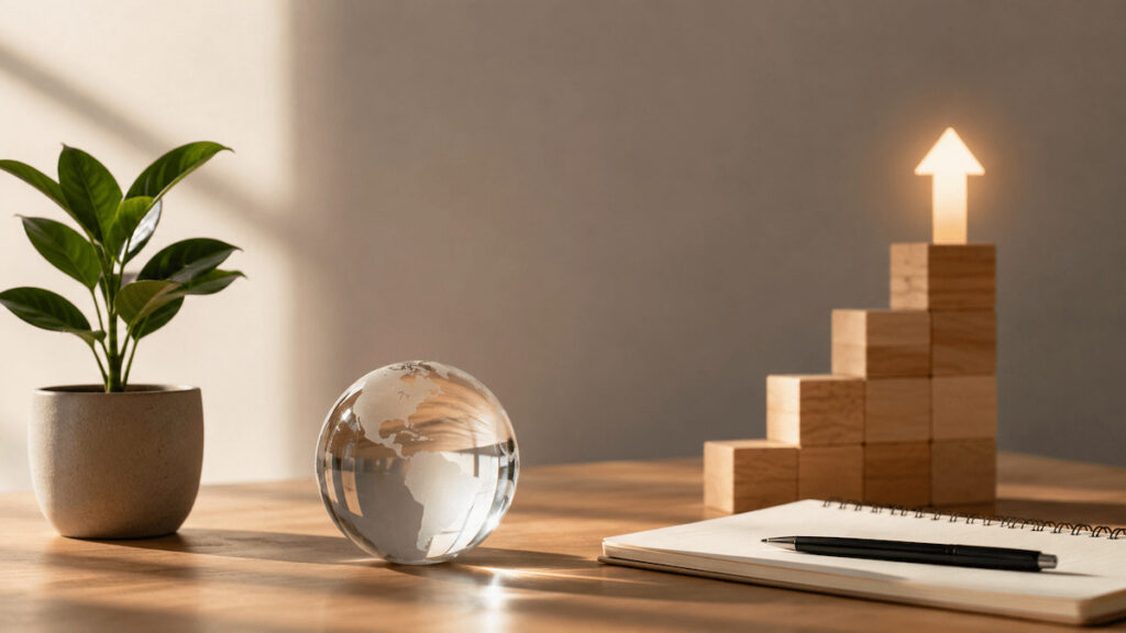Mesa de madeira iluminada por luz natural com um pequeno vaso de planta, um globo de vidro decorativo, um caderno aberto com uma caneta e uma escada formada por blocos de madeira, finalizada por uma seta luminosa apontando para cima. A composição é minimalista, com tons neutros, poucos elementos e ambiente organizado, representando planejamento, crescimento e tomada de decisões conscientes, sem textos, gráficos ou números.