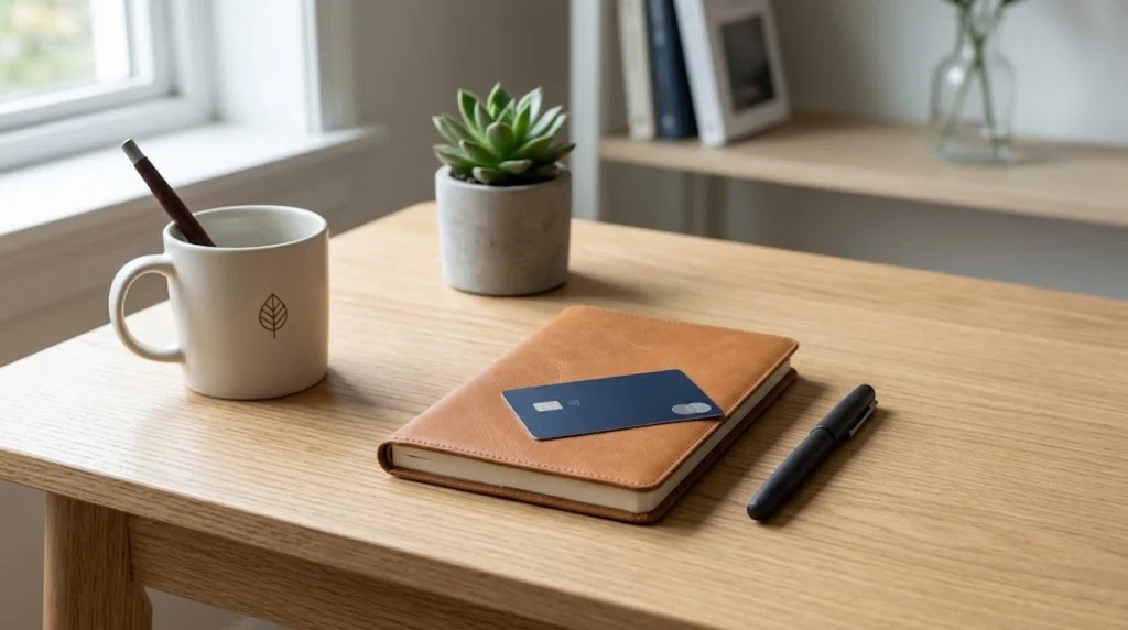 Fotografias de estilo minimalista e iluminação natural mostrando uma mesa de madeira clara e organizada. No centro, há um cartão de crédito azul-marinho sem texto sobre a capa de couro marrom de uma agenda fechada, com uma caneta preta ao lado. No canto esquerdo da mesa, estão uma caneca branca e um pequeno vaso cinza com uma planta suculenta. O fundo está suavemente desfocado, transmitindo uma sensação de ordem e serenidade.