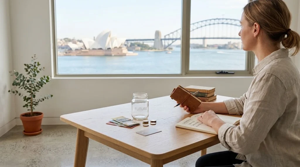 Mulher segurando um diário de couro em uma mesa de madeira, olhando pela janela para o horizonte de Sydney.