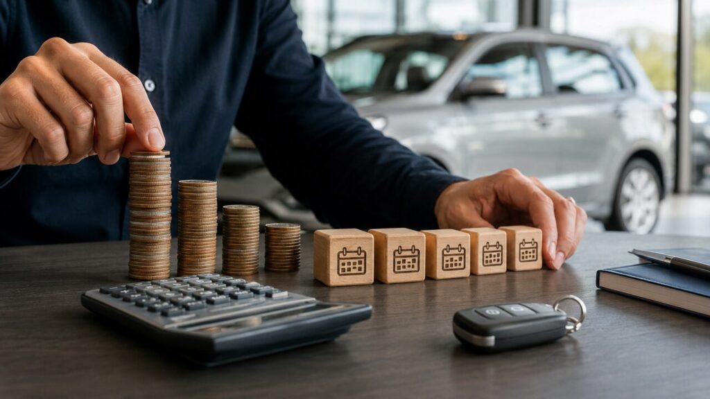 Pessoa organiza moedas e chave de carro para planejar a entrada e o prazo do financiamento do veículo.