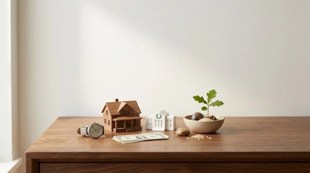 A still-life photograph on a warm wooden table set against a plain off-white wall, illuminated by natural light from the left. From left to right are a classic metal watch with a brown leather strap lying on its side, a small wooden model house, a white building model with a small green laurel wreath above the door, a stack of four US dollar bills, and a shallow light-brown ceramic bowl containing a smooth rock, grains of rice, and a small green oak sprout. The composition represents long-term planning and different life priorities.