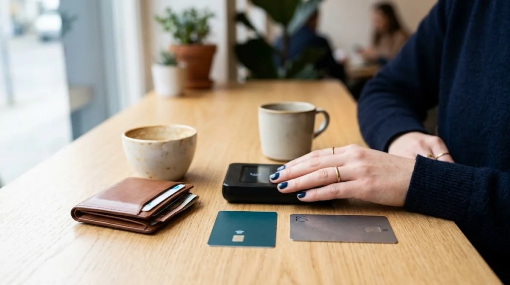 Hands tap credit card on payment reader at wooden table with coffee cups.