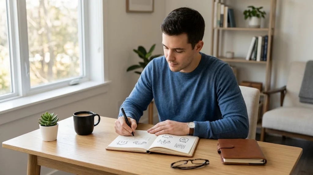 Man in a blue sweater drawing icons in an open notebook at a wooden desk.