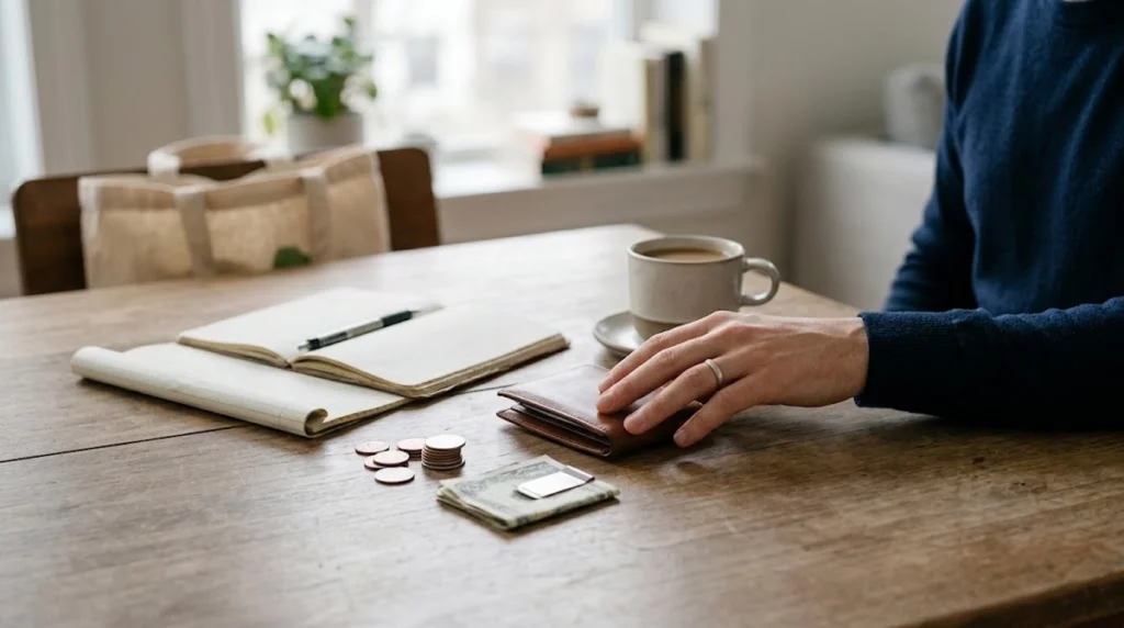 Man resting his hand on a wallet at a wooden table with cash, coins, notebooks, and coffee.