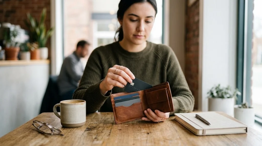 Uma mulher jovem está sentada em uma mesa de madeira em um café, segurando uma carteira de couro marrom aberta com uma das mãos. Com a outra mão, ela está retirando ou guardando um cartão de crédito preto de um dos compartimentos da carteira. Na mesa de madeira à sua frente, há uma caneca de café, um par de óculos e um caderno fechado com uma caneta sobre ele. O ambiente ao fundo é ligeiramente desfocado, mas é possível notar uma janela de vidro e uma pessoa sentada em outra mesa.