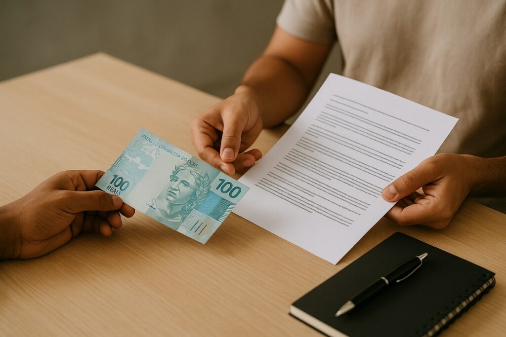 Duas pessoas sentadas a uma mesa clara realizam uma transação financeira, em que uma entrega uma nota de 100 reais enquanto a outra segura um contrato impresso. A imagem mostra mãos, o documento e um caderno com caneta sobre a mesa, simbolizando clareza e transparência em um processo de emprestimo pessoal.