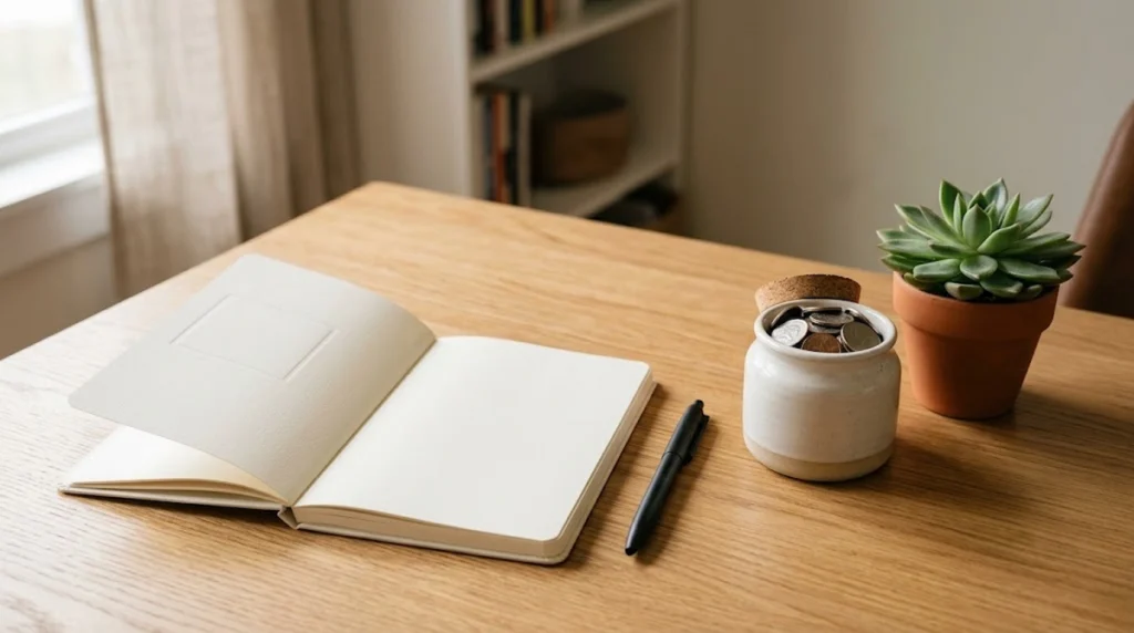 Alt text: Fotografia realista e minimalista sobre uma mesa de madeira clara e bem iluminada. No centro, há um caderno aberto com uma caneta ao lado, um pequeno pote de cerâmica contendo algumas moedas e um vaso pequeno com uma planta verde saudável. A composição é limpa, sem textos, gráficos ou distrações visuais, transmitindo a sensação de organização, clareza e planejamento financeiro.