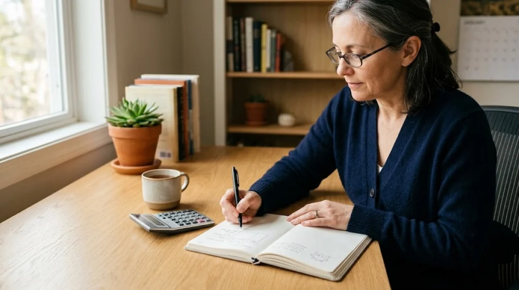 Texto alternativo (Alt Text) para acessibilidade: Fotografia realista e organizada de uma mulher sentada à mesa de madeira clara, escrevendo reflexivamente em um caderno aberto. Ao lado do caderno, há uma calculadora simples e uma xícara de café. No fundo suavemente desfocado, vê-se uma estante com livros e uma planta. A cena possui iluminação natural suave vinda de uma janela lateral, transmitindo um tom de calma, planejamento e organização financeira consciente.
