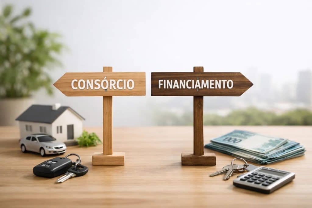 Imagem comparando consórcio e financiamento no cenário atual, com duas placas de madeira sobre uma mesa: “CONSÓRCIO” ao lado de miniatura de casa, carro e chaves, e “FINANCIAMENTO” ao lado de dinheiro, calculadora e chaves. A cena simboliza a escolha estratégica entre planejamento e crédito imediato.