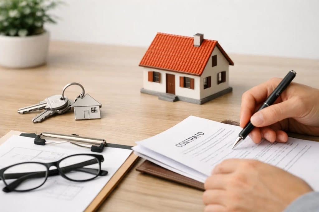 Pessoa assinando um contrato imobiliário sobre uma mesa de madeira, ao lado de uma maquete de casa com telhado vermelho e um molho de chaves com pingente em formato de casa, representando o processo de financiamento para compra de imóvel usado e os cuidados necessários antes de fechar contrato, como análise de documentos, planejamento financeiro e avaliação da propriedade.