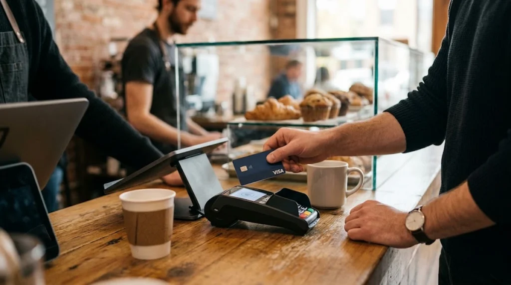 A close-up shot of a person’s hand using a dark blue credit card to pay at a modern, clean payment terminal on a wooden counter. A white coffee cup and a laptop sit nearby in a warm, dimly lit café setting.