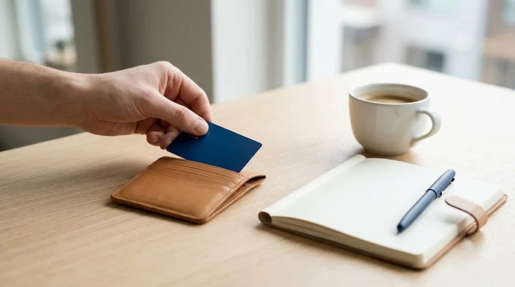 A close-up view of a person holding a sleek, minimalist blue credit card over a tidy wooden desk. Next to the hand lies an open leather wallet, a closed notebook, and a cup of coffee in a clean, brightly lit setting.
