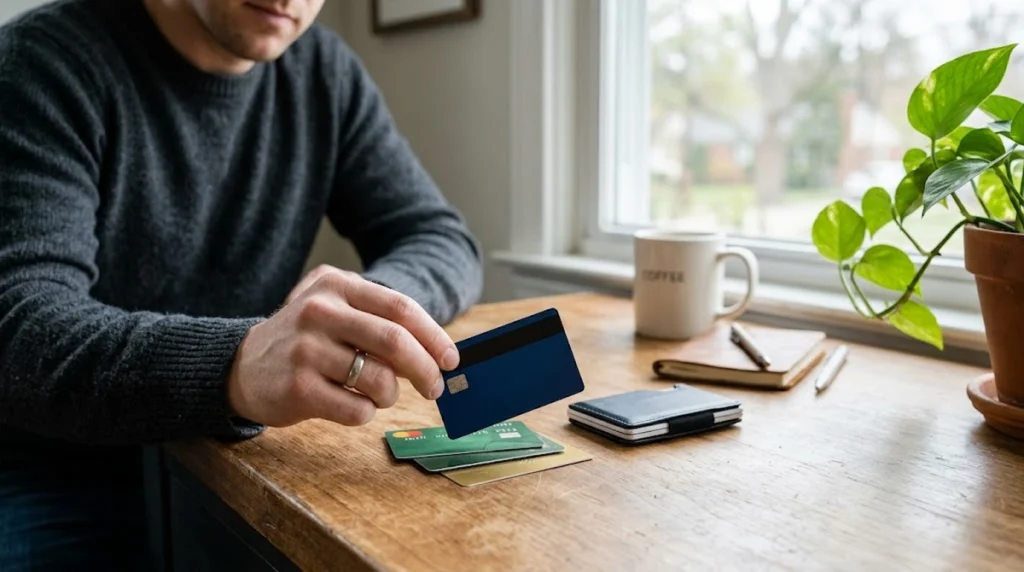 A candid, close-up photograph capturing a hand holding and actively selecting a single blue credit card from a small stack of other cards resting on a wooden desk. A personal leather notebook and pen sit alongside the cards, while the background shows a window looking out onto a residential street in the US under soft natural light. The focus is sharp on the card selection and the hand, symbolizing a financial decision-making process influenced by personal priorities. The composition is realistic, minimalist, and uncluttered.